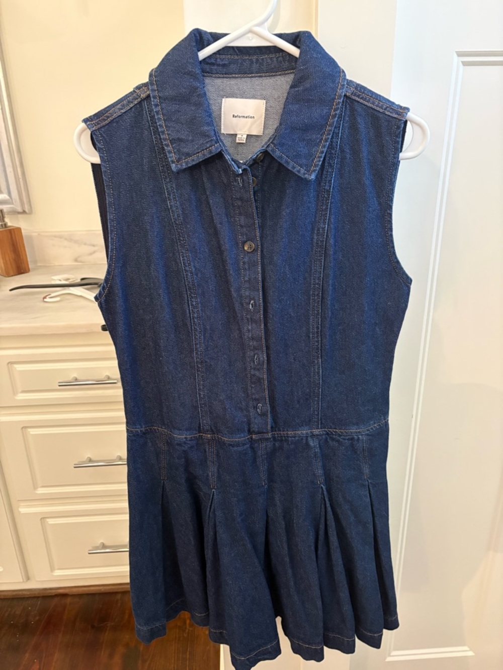 Reformation Navy Sleeveless Denim Button-Front Mini Dress